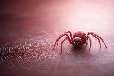 A captivating close-up of a red spider poised on an intricate web, showcasing the delicate details and vibrant colors against a soft-focus background.の写真素材
