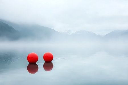Two vibrant red balls peacefully float on a misty lake, surrounded by serene mountains and a captivating, calm atmosphere.の写真素材