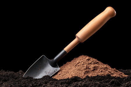 A close-up view of a gardening shovel with a wooden handle resting on rich soil, perfect for...
