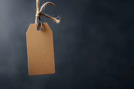 A rustic blank tag hangs from a piece of twine against a dark background, perfect for labeling, branding, or creative projects. Capture the minimalistic style.の写真素材