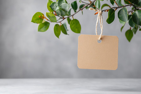 A serene scene featuring a branch with vibrant green leaves and a blank tag suspended from it, set against a soft grey background, perfect for minimalist designs.の写真素材
