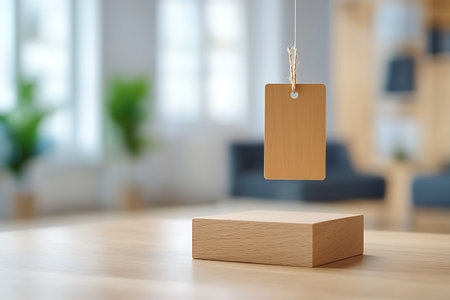 A minimalist scene featuring a blank price tag hanging above a wooden box, set in a cozy, modern interior. Ideal for showcasing product displays or pricing concepts.の写真素材