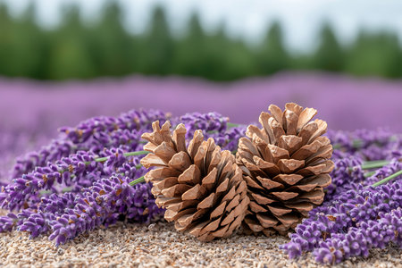 A stunning close-up of pine cones nestled among vibrant lavender flowers, with a soft-focus background of nature. Experience serenity and beauty.の写真素材