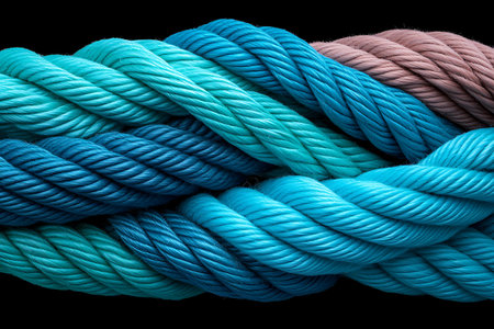 A striking close-up of twisted ropes in vibrant aqua, teal, blue, and purple hues against a black backdrop. Perfect for design and art projects.の写真素材