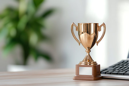 A stunning gold trophy award placed on a wooden desk, showcasing victory and achievement in a modern workspace. Soft focus on a green plant adds a fresh touch.の写真素材