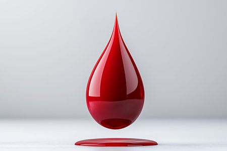 A stunning red drop of liquid hovers above a glossy surface, creating a smooth reflection. The minimalistic design highlights fluidity and elegance.の写真素材