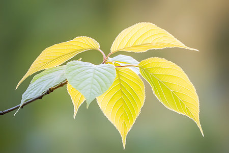 A close-up view of vibrant yellow and green leaves on a branch showcases the beauty of nature. The...