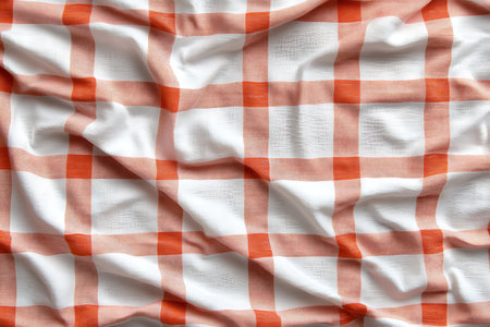 A vibrant red and white checkered fabric draped gracefully, ideal for home decor or fashion projects. Its soft texture offers a cozy aesthetic.の写真素材