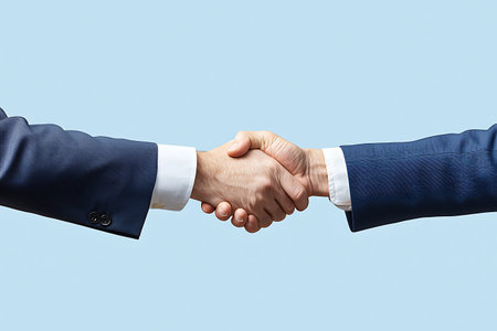 Two professionals engage in a handshake, symbolizing a strong business partnership and mutual trust...