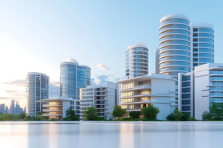 This image captures a modern urban skyline featuring futuristic buildings and serene water...
