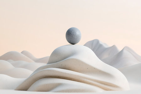 A captivating abstract landscape featuring smooth hills and a sphere delicately balanced atop, evoking tranquility, simplicity, and a serene atmosphere.の写真素材
