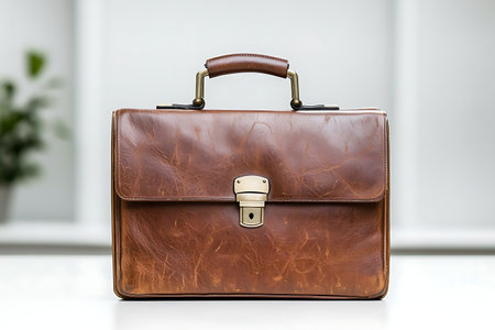 A stylish brown leather briefcase rests on a white table, showcasing its rich texture and craftsmanship. Perfect for professionals and students alike, it enhances any workspace.の写真素材