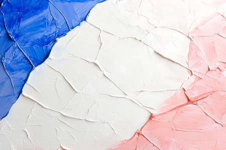 This image features a vibrant abstract background showcasing textured red, white, and blue paint on a canvas. Perfect for artistic projects.の写真素材