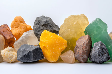 A vibrant assortment of natural rocks and crystals in various shapes and colors arranged artistically against a white background, perfect for creative projects.の写真素材