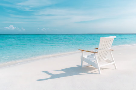 A tranquil beach scene featuring a white chair facing the calm turquoise water under a clear sky. Perfect for themes of relaxation and leisure.の写真素材