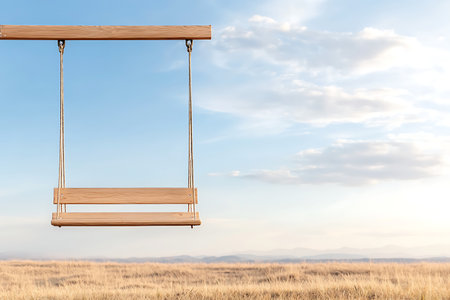 A beautiful wooden swing hanging in a tranquil open landscape, under a bright blue sky. Soft clouds drift above the calm field, evoking feelings of relaxation and joy.の写真素材