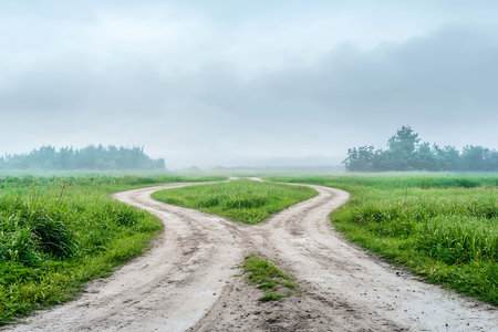 A tranquil scene featuring a misty crossroad surrounded by lush green fields and an overcast sky,...