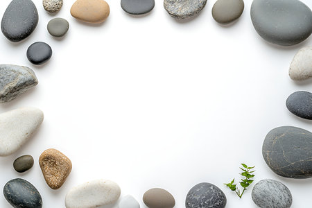 A serene circular arrangement of smooth stones and green leaves on a white background, perfect for relaxation themes. Ideal for calming and minimalist designs.の写真素材