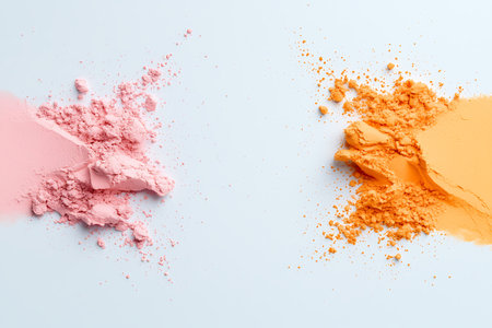 Bright pink and orange powders scattered on a clean white surface create a stunning contrast, perfect for art projects, backgrounds, or creative designs.の写真素材