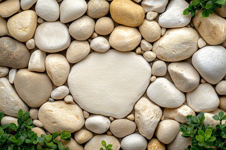 A captivating arrangement of smooth river pebbles showcases neutral tones, accented by green...