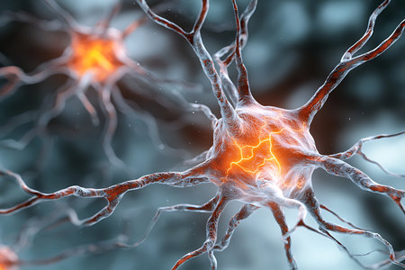 This detailed illustration showcases glowing neurons interconnected with bright energy pathways, highlighting the complexity of the neural network in an abstract digital form.の写真素材