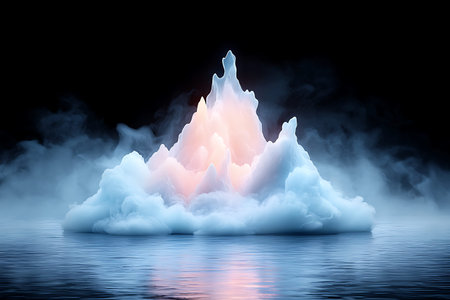 A stunning ice mountain rises majestically from peaceful waters, illuminated by soft glowing light, creating a serene and surreal atmosphere.の写真素材