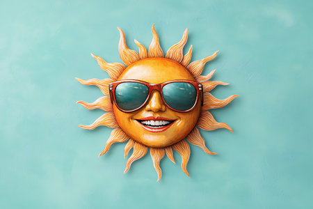 This vibrant illustration features a cartoon sun with sunglasses and a big smile. Perfect for summer-themed decor, it evokes joy and warmth.の写真素材