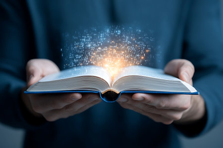 A creative depiction of hands holding an open book, glowing with magical light. This image symbolizes imagination, discovery, and the power of knowledge in a captivating way.の写真素材