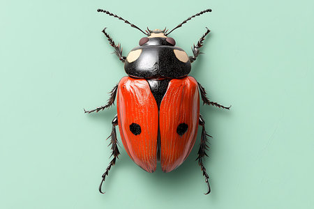 This striking red beetle features bold black spots and displays intricate details against a soft...