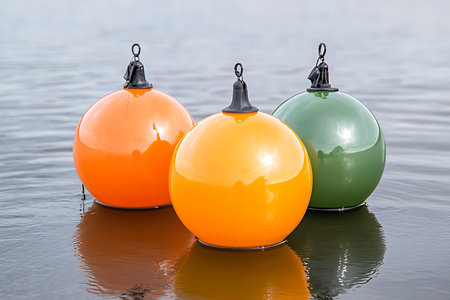 Vibrant and colorful buoys float peacefully on calm water, creating a serene summer scene. The...