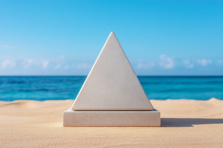A minimalist white triangle sculpture stands on a sandy beach, with a serene ocean and blue sky in the background, evoking feelings of tranquility and beauty.の写真素材