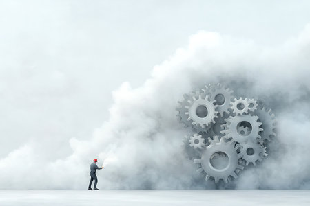 A man in protective gear stands before large industrial gears emerging from fog, symbolizing innovation and progress in technology and engineering environments.の写真素材