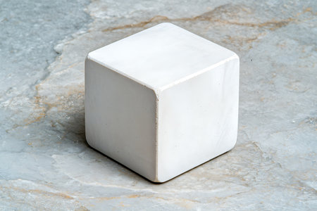 This image features a smooth white marble cube resting on a gray surface, showcasing its minimalist design and natural textures. Perfect for various decor styles.の写真素材