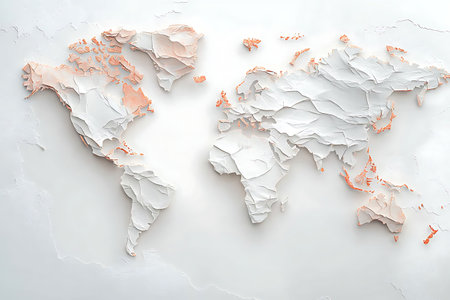 This artwork features a unique paper art representation of a world map, combining soft pastel colors...