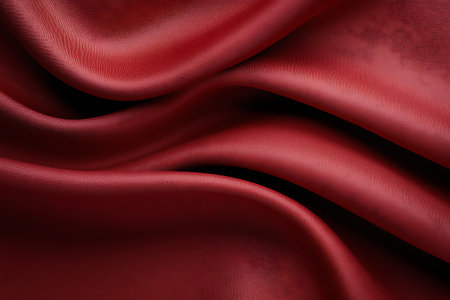 A stunning image of elegant red satin fabric with smooth waves and luxurious texture, perfect for various design backgrounds and artistic projects.の写真素材