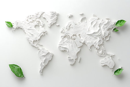 This artistic representation of a world map features a textured white surface with green leaves, symbolizing nature and environmental consciousness. Perfect for eco-themes.の写真素材