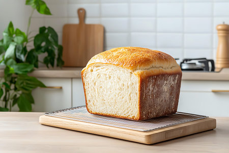 A beautifully baked white bread loaf sits on a cooling rack in a modern kitchen, showcasing a golden...
