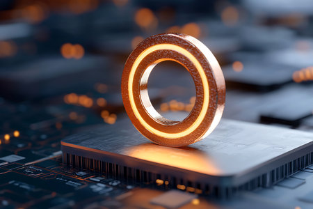 A striking 3D copper ring illuminated with vibrant lines resting on a circuit board, symbolizing innovation and technology in a modern design.の写真素材