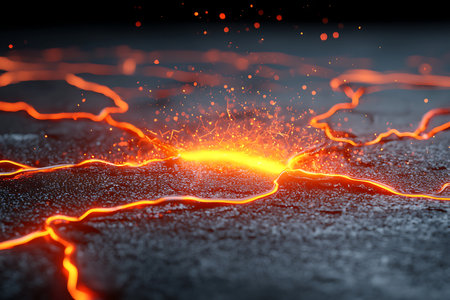 Captivating lava eruption showcases glowing molten rock, vibrant cracks, and sparks on a dark surface. Ideal for nature and geology themes.の写真素材