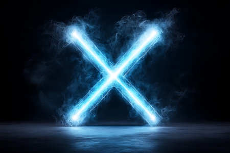 This captivating image features a glowing blue X symbol with electric sparks and smoke effects against a dark background, perfect for modern creative projects.の写真素材