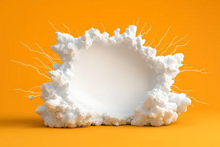 A vibrant, dynamic cloud explosion featuring striking lightning effects set against a bright orange background. Perfect for creative projects and concept art.の写真素材