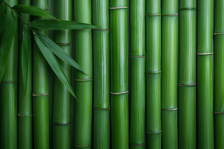 Close-up of green bamboo stalks and leaves forming a lush, organic background ideal for design projects or nature-themed concepts, evoking tranquility and sustainability.の写真素材