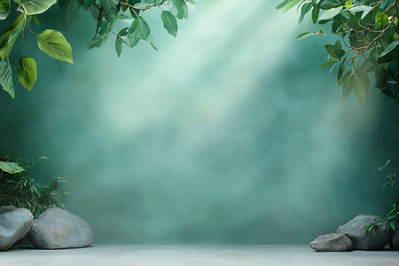 A tranquil background featuring soft green hues, lush leaves, and smooth rocks, perfect for nature-themed projects or creative photography.の写真素材