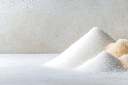 A serene presentation of white sugar piles on a clean surface, showcasing culinary potential and simplicity for food-related projects or themes.の写真素材
