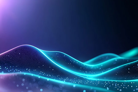 This image features vibrant abstract waves illuminated by soft glowing lights, creating a tranquil...
