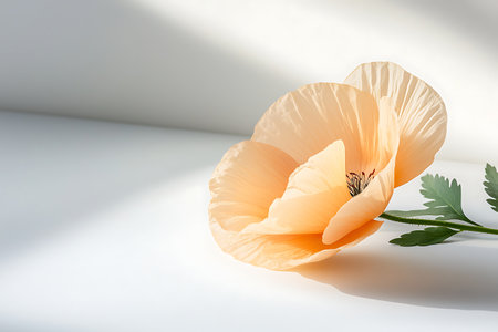 A beautiful peach poppy flower rests gently on a bright surface, showcasing delicate petals and green foliage. Perfect for nature-themed projects.の写真素材