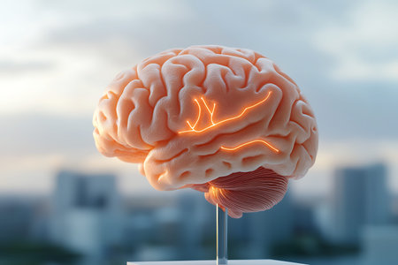 Stunning 3D render of a human brain showcasing glowing neurons, set against an urban backdrop during sunset. Perfect for science and technology themes.の写真素材
