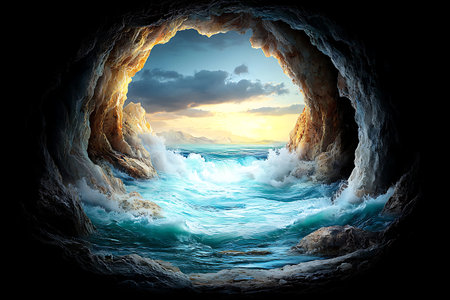 Stunning view of turbulent ocean waves crashing against rocks through a cave, illuminated by a vibrant sunset. This dramatic landscape captures the essence of nature's beauty.の写真素材