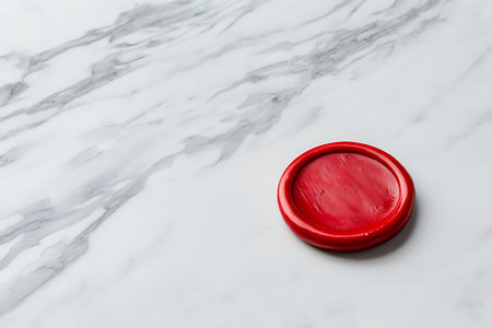 A vibrant red wax seal placed on a sleek marble surface, showcasing elegance and creativity in design. Ideal for branding and artistic projects.の写真素材
