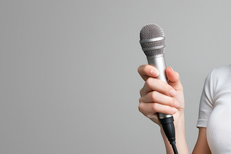 Closeup of a woman's hand holding a microphone, set against a minimal neutral background, ideal for themes of communication, performance, and audio recording.の写真素材